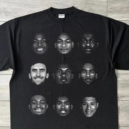 A black tee printed with a group of portraits.
