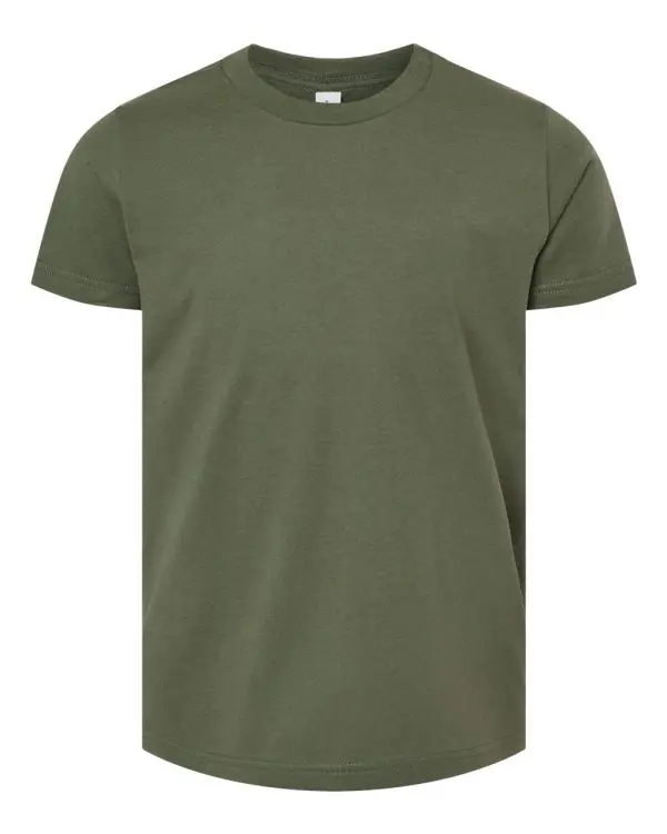 Military green Bella Canvas youth T-shirt shown from the front.